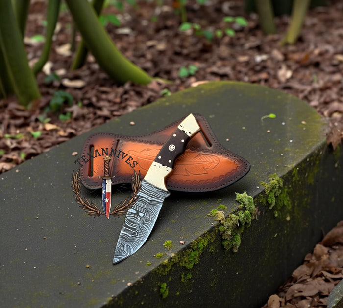 Handheld patterned-steel knife sharpening tool with shaped rosewood handle