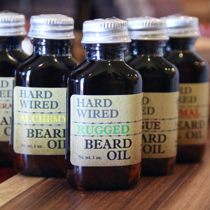 Collection of American-made beard oil bottles for daily beard conditioning and grooming