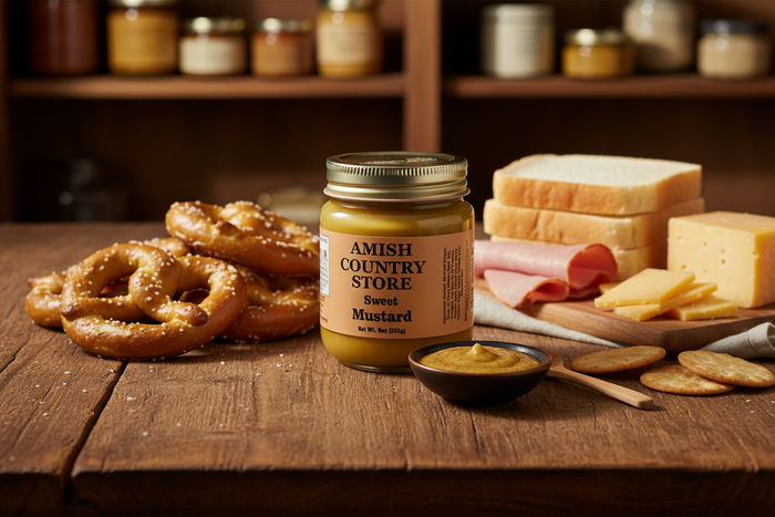 Jar of American-made sweet mustard condiment for sandwiches and meals