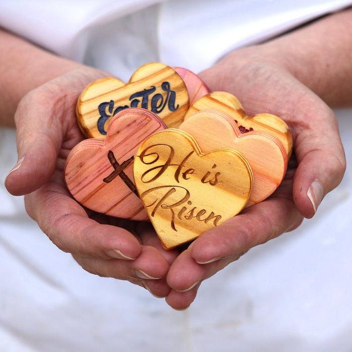 Handcrafted engraved Easter hearts, representing spring and seasonal decorations
