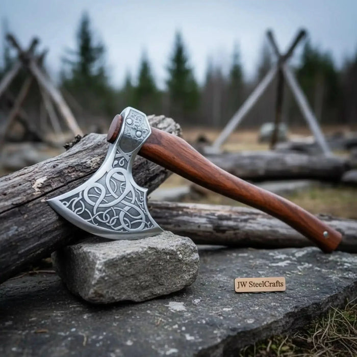Forged outdoor hatchet with wooden handle used as a compact hand tool