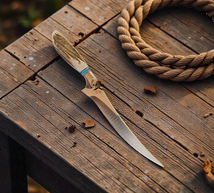 Handcrafted fixed blade field knife with ergonomic antler-style handle
