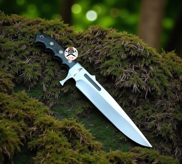 Full-tang Bowie-style survival knife with working blade and leather sheath