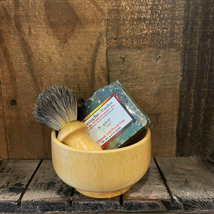 Men's shaving soap gift set with shaving brush and grooming supplies, American-made hair and grooming collection