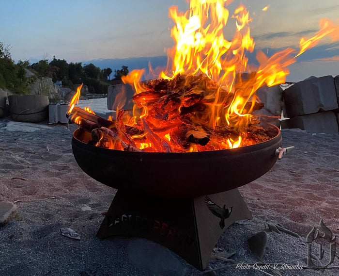 Heavy-duty American-made steel outdoor fire pit with a standard base