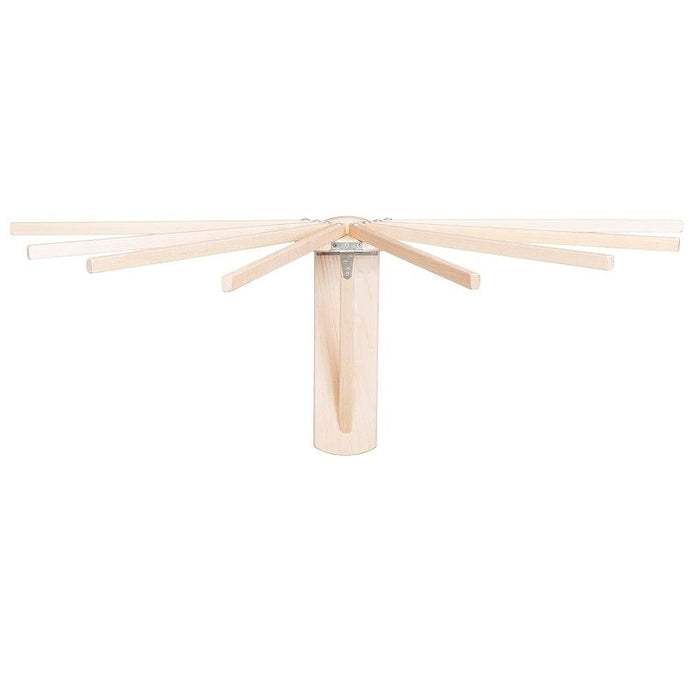 Wall-mounted wooden folding clothes drying rack opened for home laundry organization