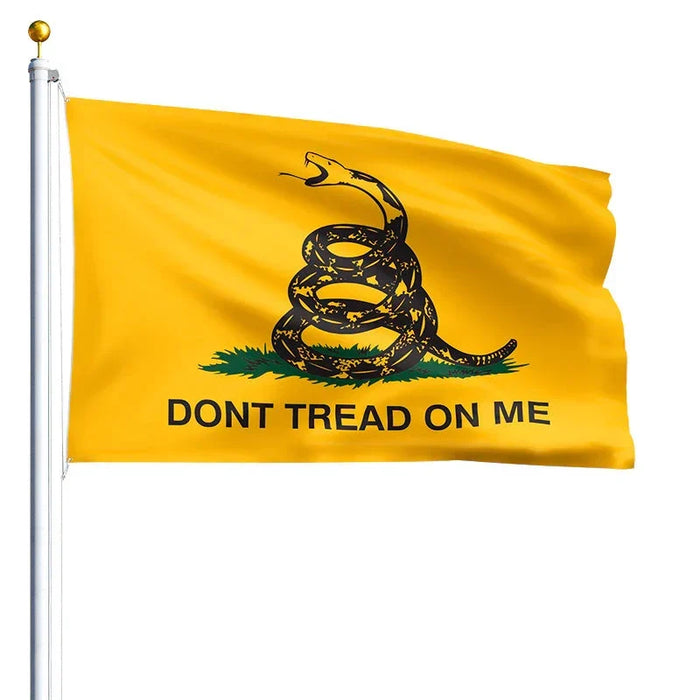 Yellow Gadsden Don't Tread on Me rattlesnake flag displayed waving outdoors