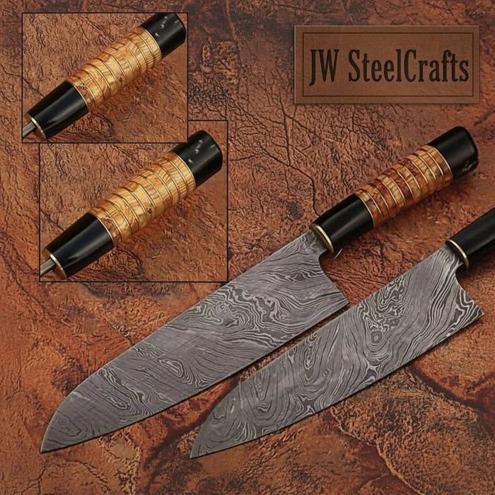 Seven-inch Damascus Santoku kitchen knife with patterned blade and contrasting handle