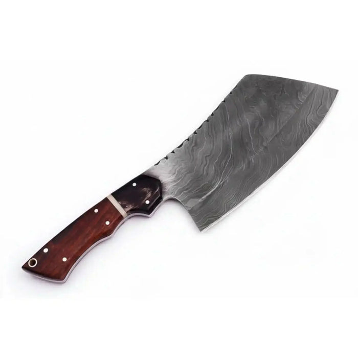 Kitchen cleaver with broad Damascus-pattern blade, rosewood handle and steel bolster