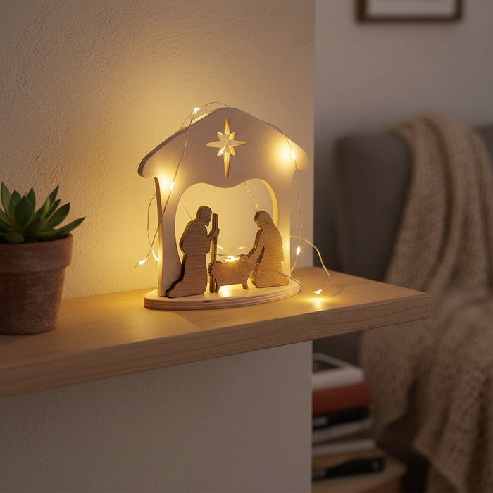 Handcrafted wooden manger nativity scene, Christmas home decor made by American craftspeople