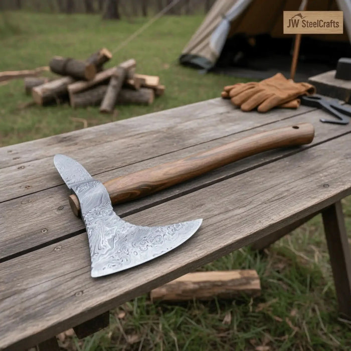 Hand-forged bearded bushcraft axe with wooden handle for outdoor woodcraft