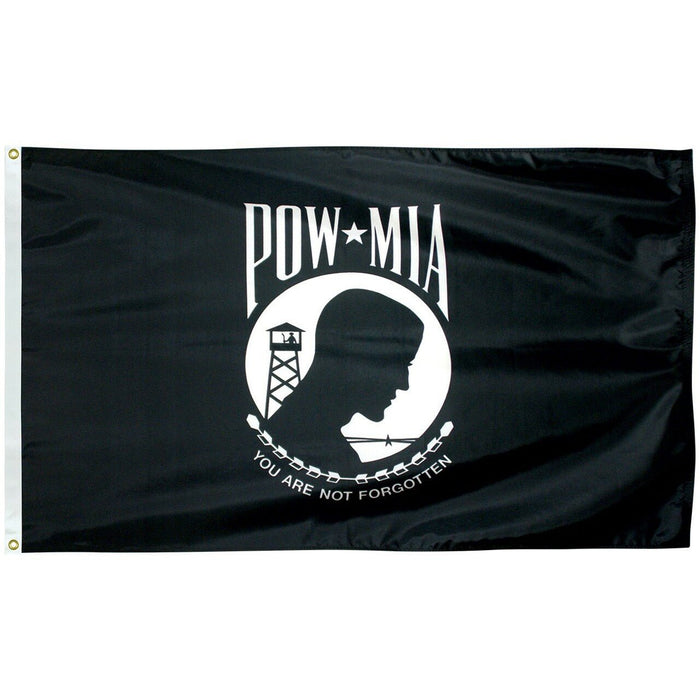 Black POW/MIA flag with white You Are Not Forgotten emblem