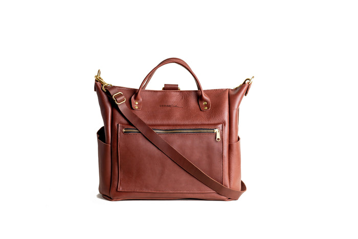 American-made chestnut leather backpack with front strap for Leather Bags & Goods collection