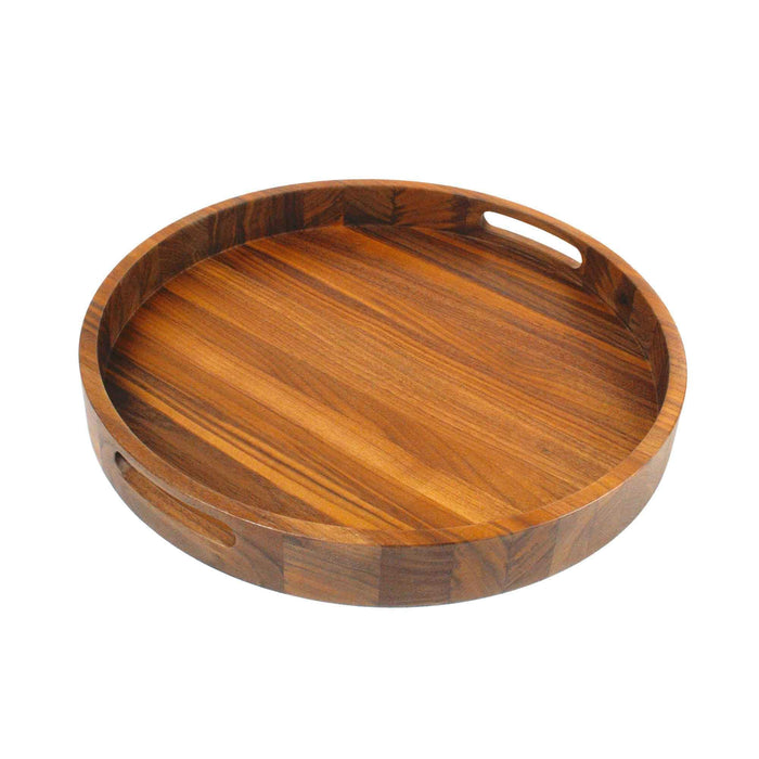 Walnut serving tray with side handles representing dining and serveware