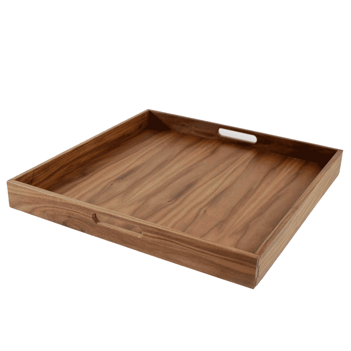 Square walnut serving tray with handles for appetizers and entertaining