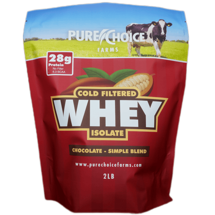 Chocolate whey protein isolate powder packaging from Pure Choice Farms, sourced from Wisconsin dairy farms
