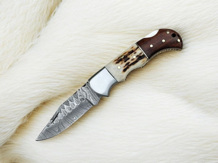 Handmade Damascus Folding Knife | Stag Horn & Rosewood