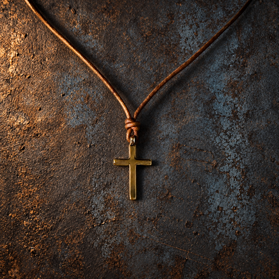 Classic Cross necklace on brown leather cord against dark stone