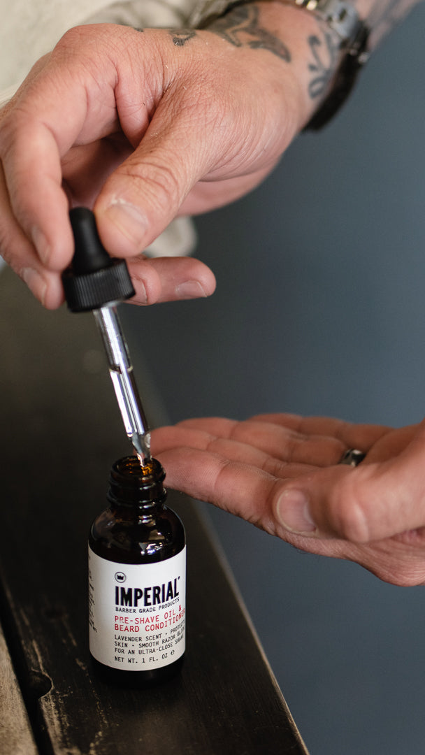 Lavender Pre-Shave Oil & Beard Conditioner — pre-shave oil being dispensed from its dropper