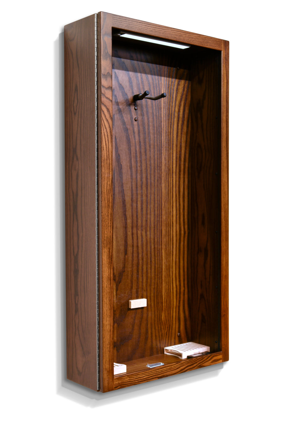 Rich Tobacco ash guitar humidor, angled view of the empty interior