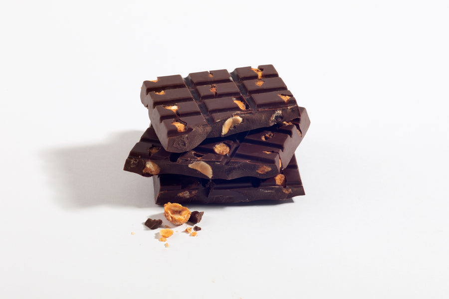 Stacked pieces of Salted Hazelnut Dark Chocolate Bar