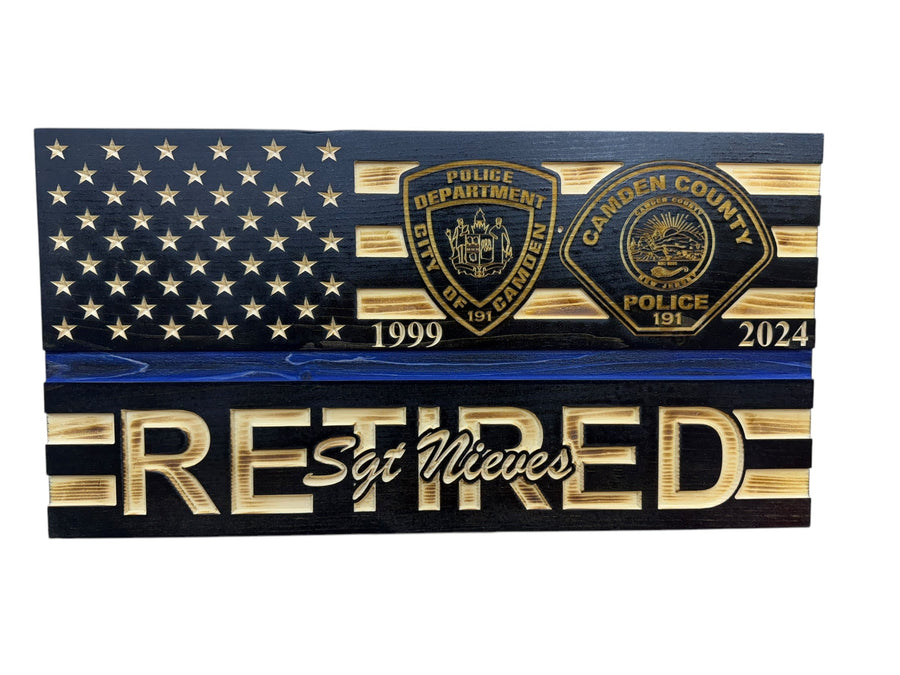 Personalized Retirement Wooden American Flag with Engraved Badge — product photo 13