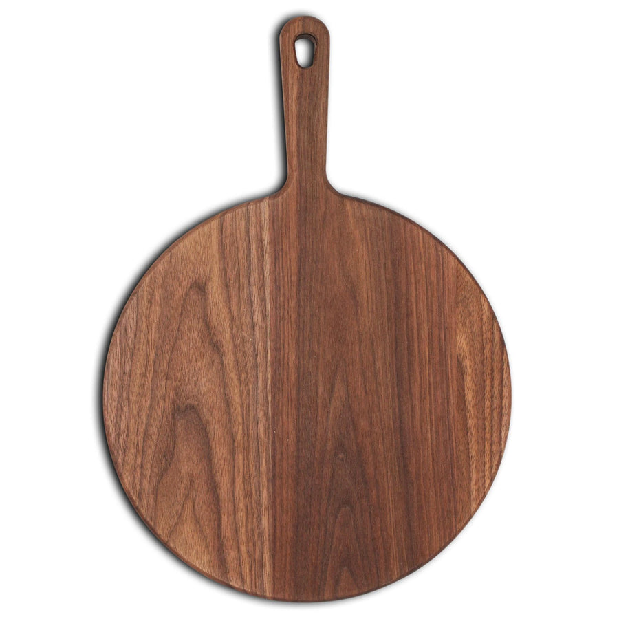 Round walnut paddle board with a built-in handle and hanging hole
