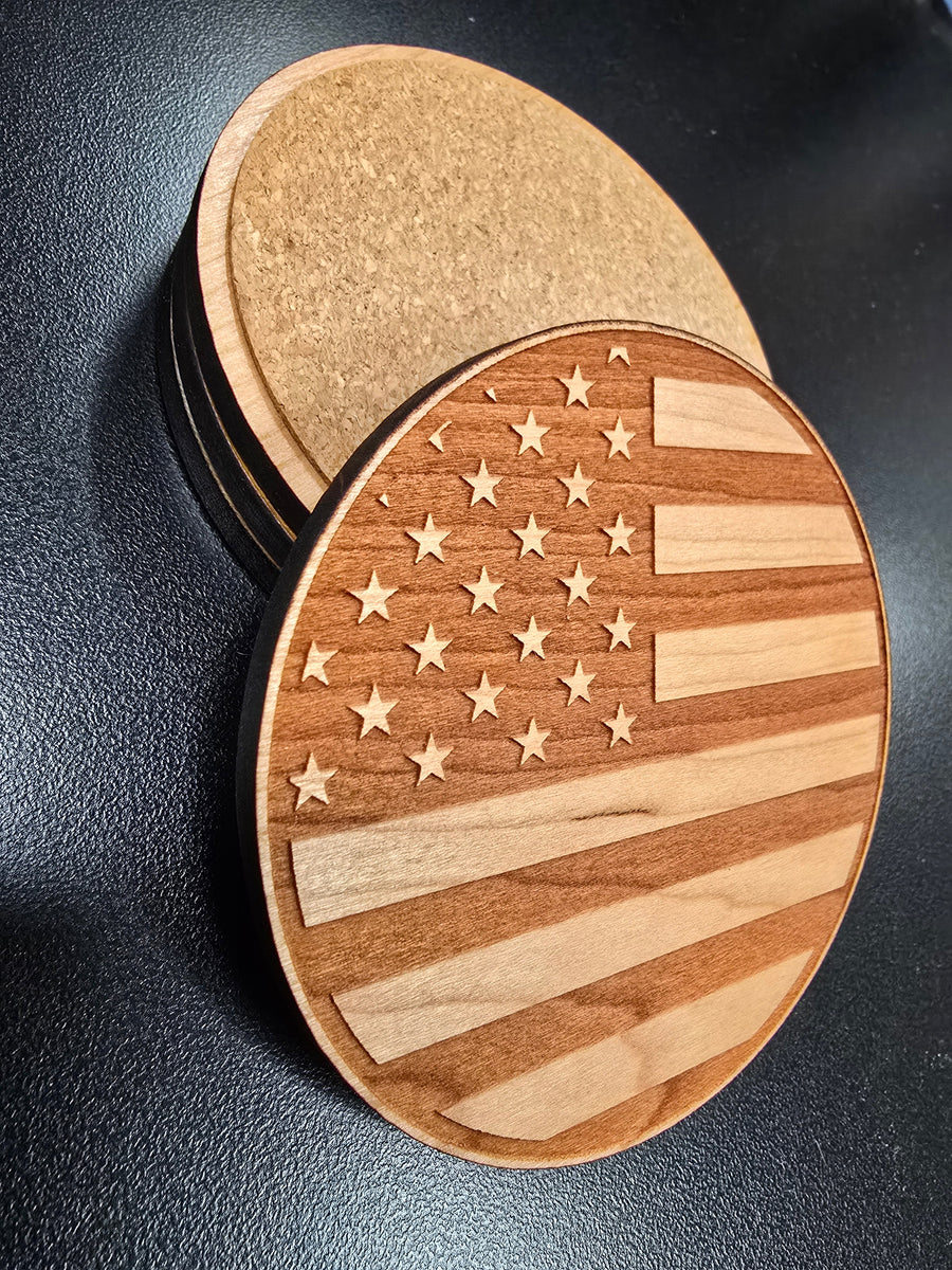 Angled American flag wooden coaster with wood grain and backing visible