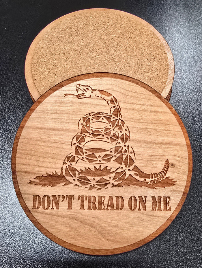 Veteran-made solid hardwood Don't Tread on Me coaster set with laser-engraved Gadsden design