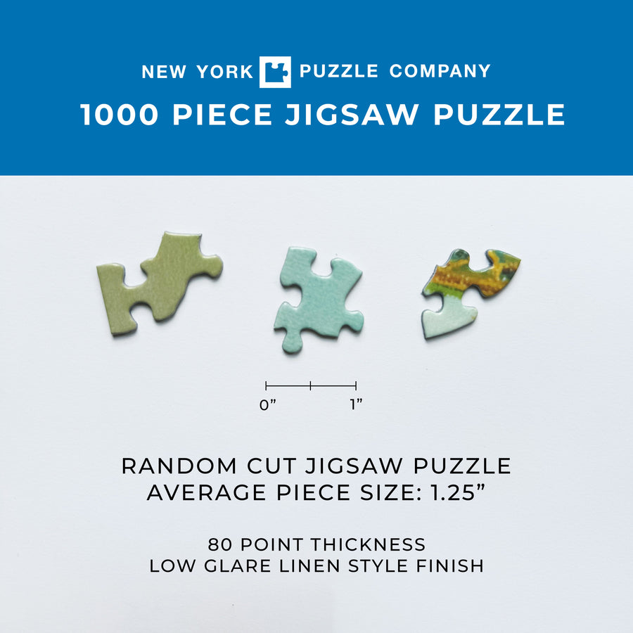 Manufacturer reference graphic showing puzzle pieces, board thickness, and linen-style surface finish