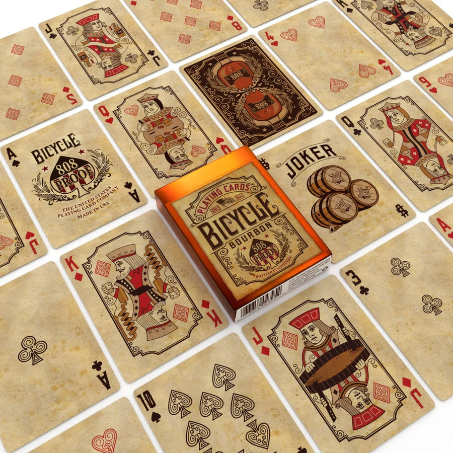 Bicycle Bourbon deck surrounded by illustrated card faces