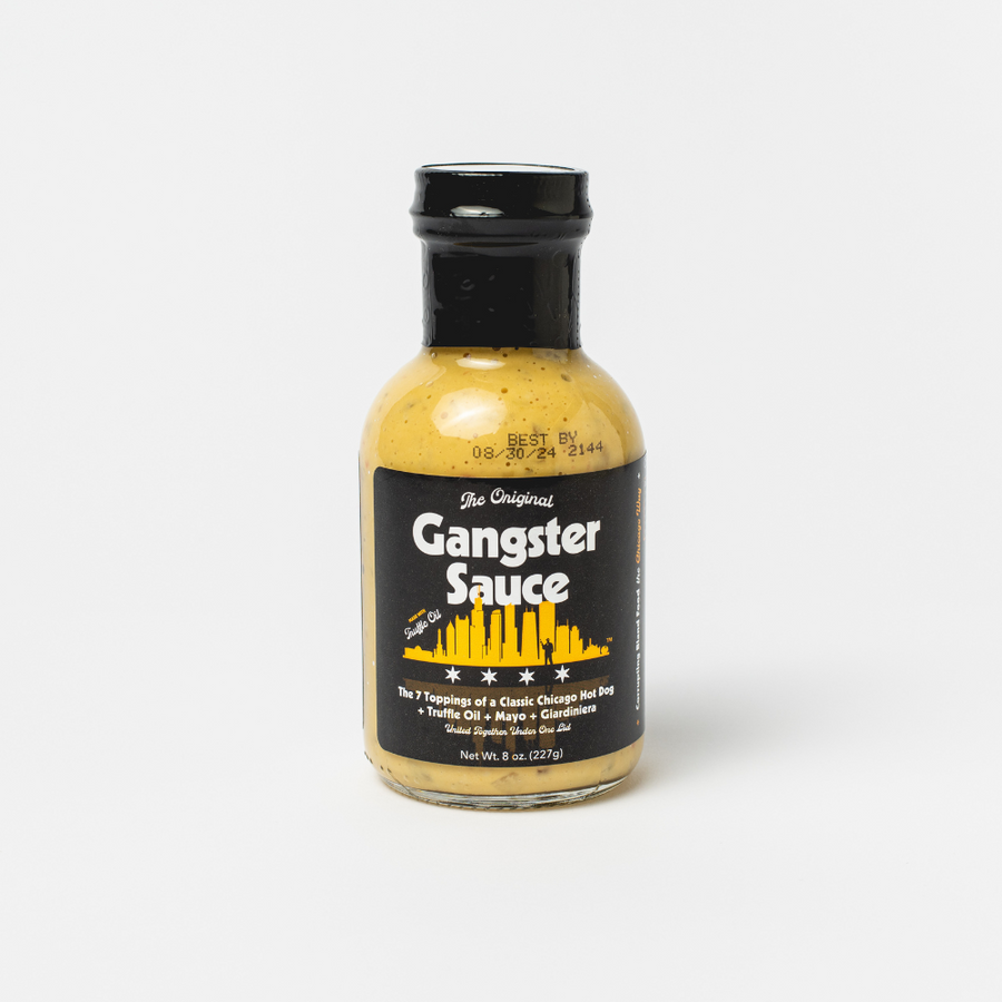 Single 8 oz bottle of Gangster Sauce with a black label and cap