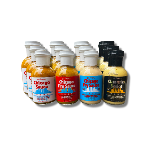 Twelve-bottle Chicago sauce assortment with three bottles of each flavor