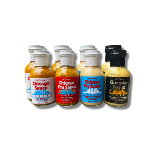 Eight-bottle Chicago sauce assortment with two bottles of each flavor