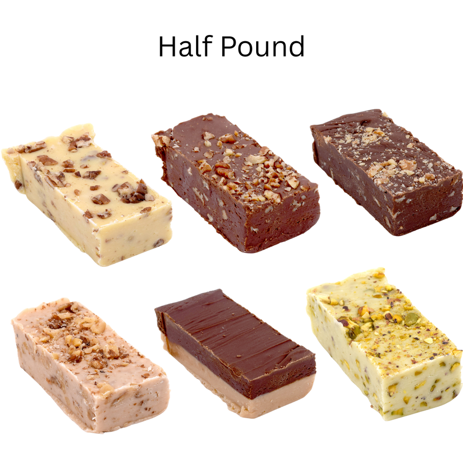 Nutty fudge assortment showing six half-pound slices