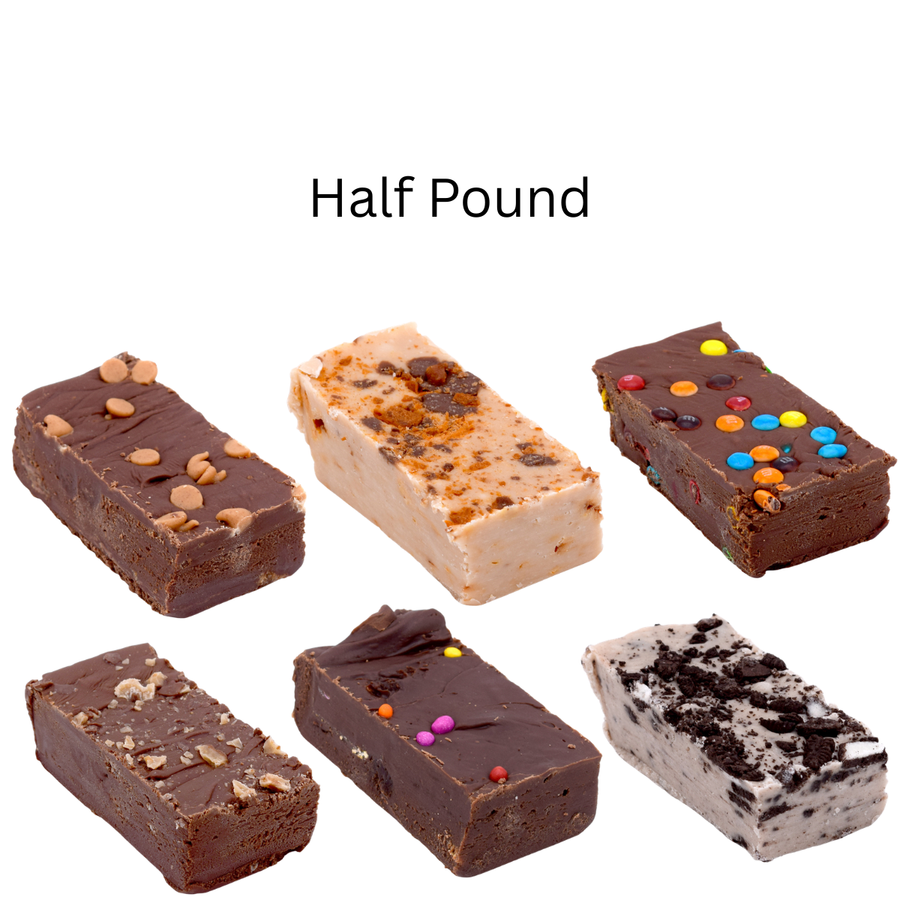 Candy-Mania assortment showing six half-pound fudge slices