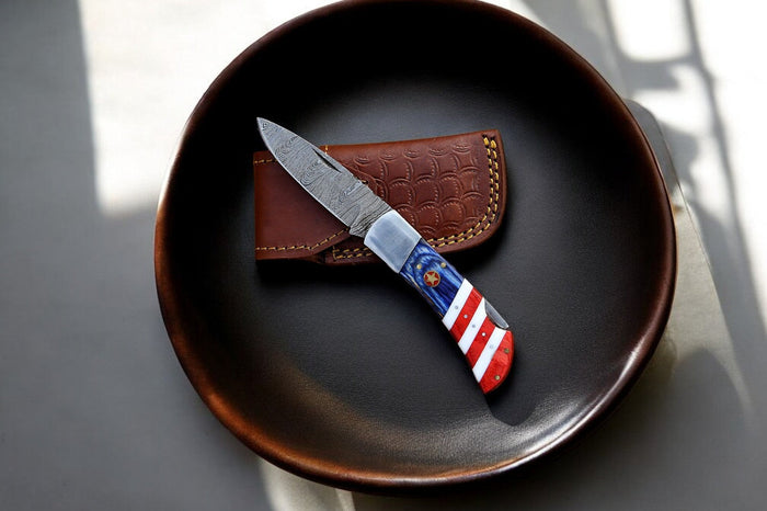 Handmade Damascus Folding Knife with Exotic Pakka Wood