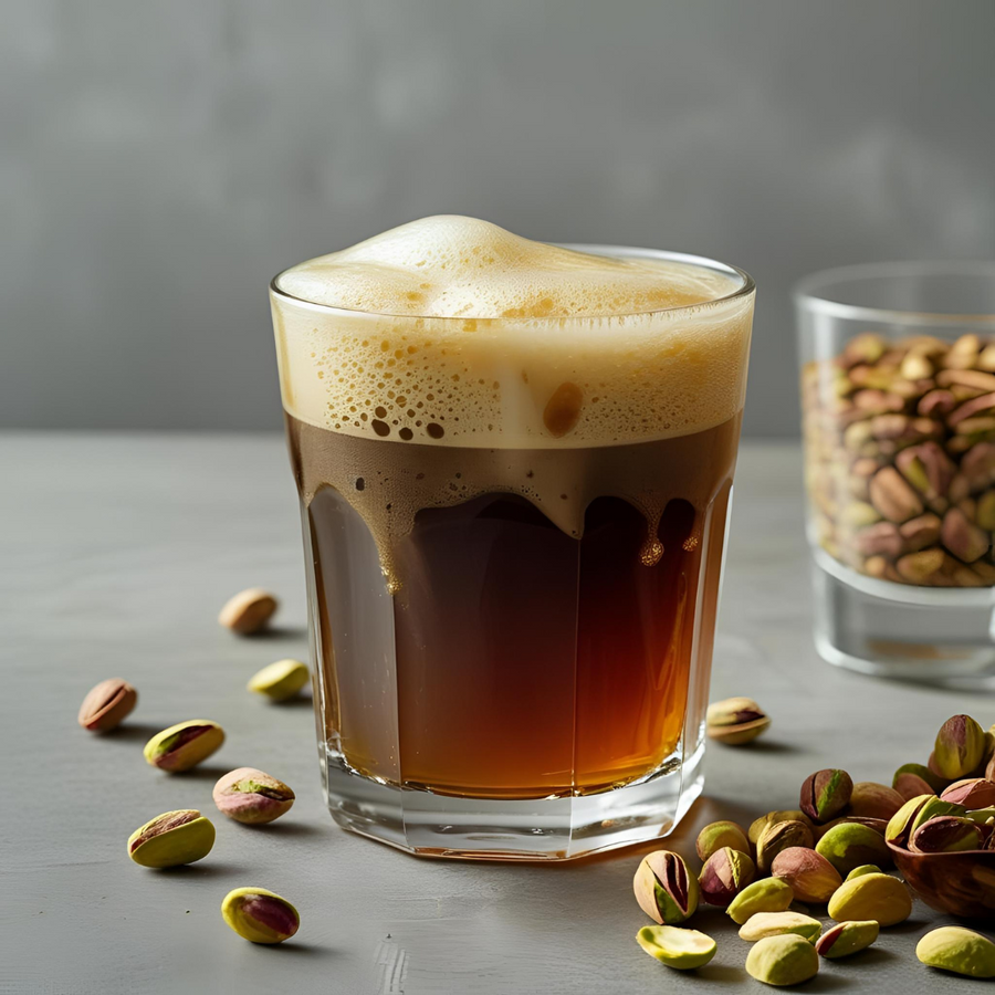 Serving suggestion: iced coffee in a glass with pistachios beside it