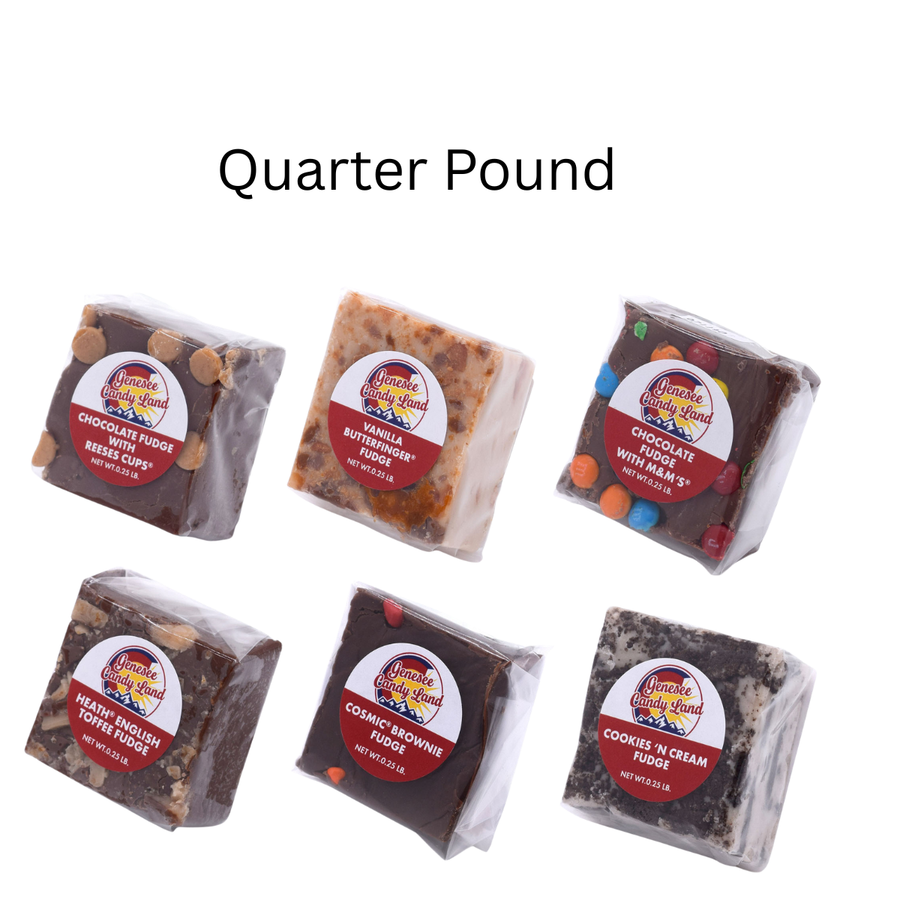 Candy-Mania assortment showing six wrapped quarter-pound fudge slices