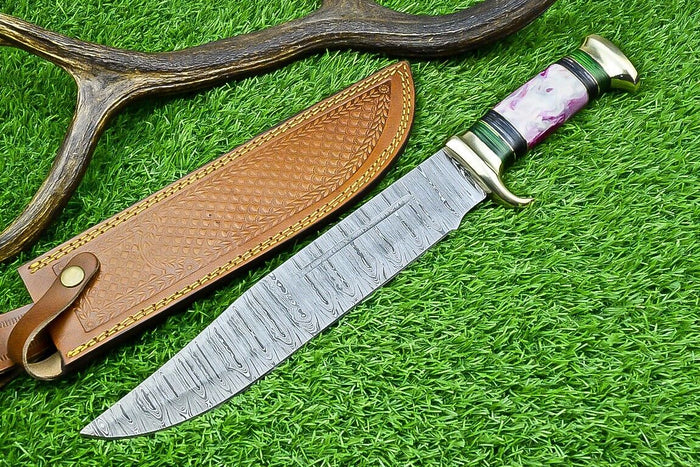Damascus Steel "The Bowie Knife" - 16" Blade, Brass Guard, Resin Pakkawood Handle, with Leather Sheath