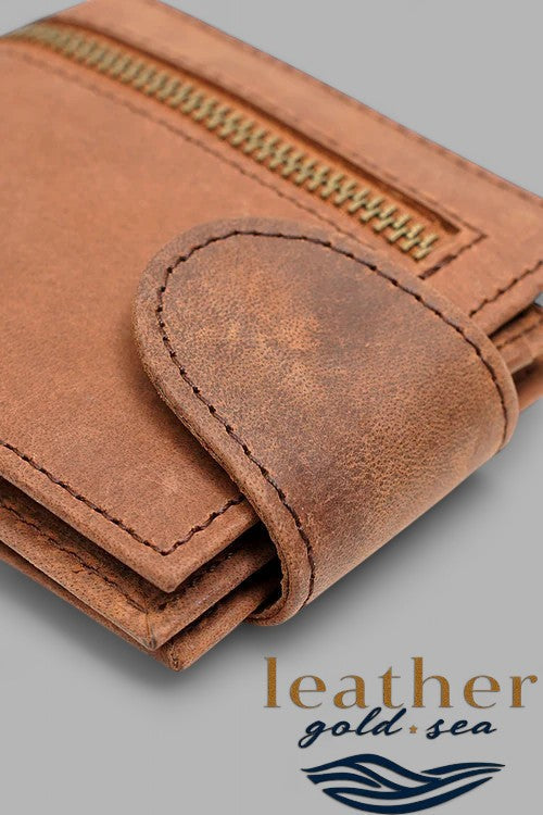 Wallet for Men with Zipper - Light Brown Leather