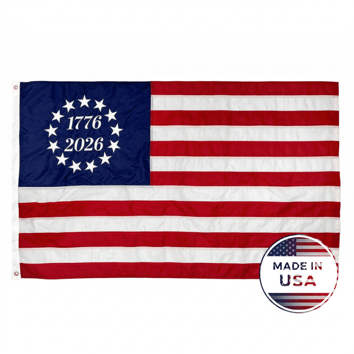 1776–2026 commemorative Betsy Ross flag with 13 white stars encircling the anniversary dates
