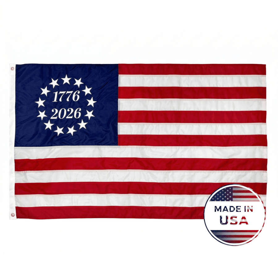 1776–2026 commemorative Betsy Ross flag with 13 white stars encircling the anniversary dates