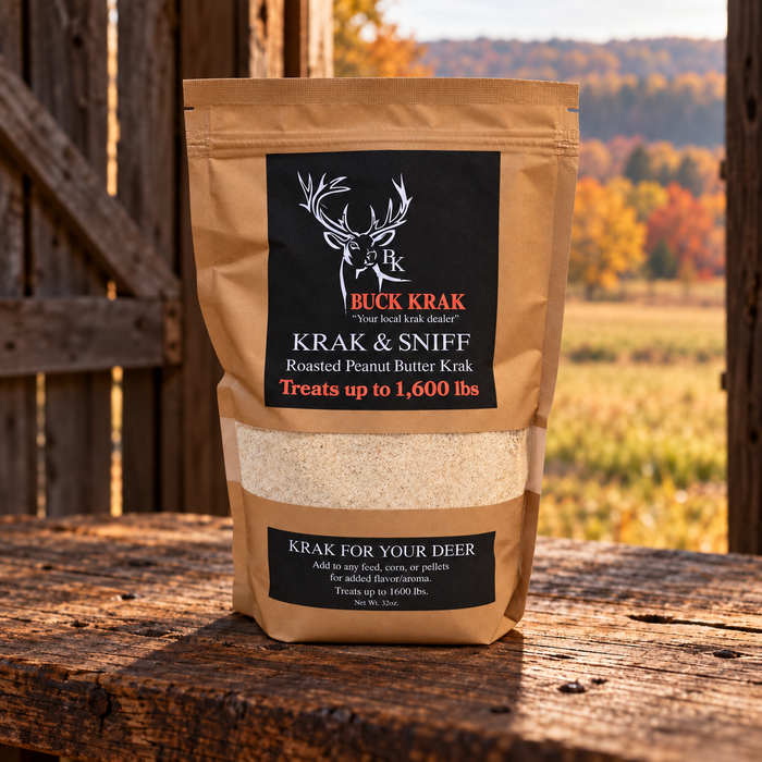 Roasted Peanut Butter Krak & Sniff 32 oz pouch beside a wooden barn