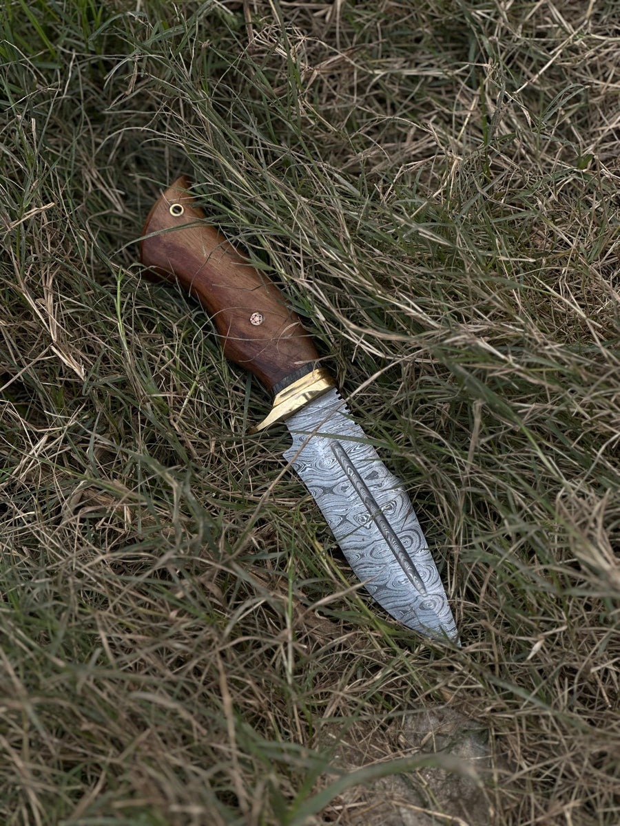 Hunting Blade – 10" Damascus Steel Knife with Rosewood Handle, Brass Guard & Leather Sheath