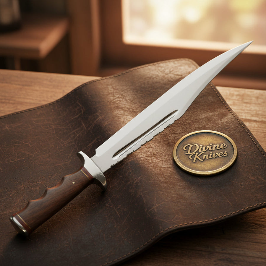 Rosewood Handle Fullered Alamo Bowie with Red Spacers