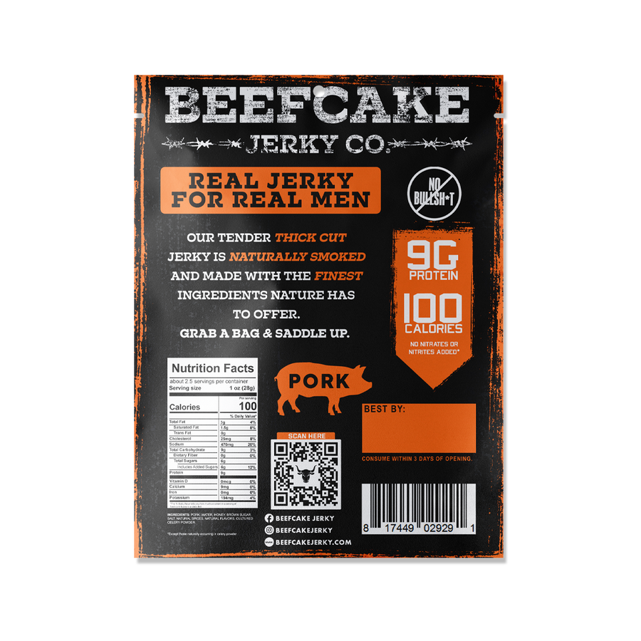 Honey BBQ Pork Jerky – 2.7 oz – reverse packaging view