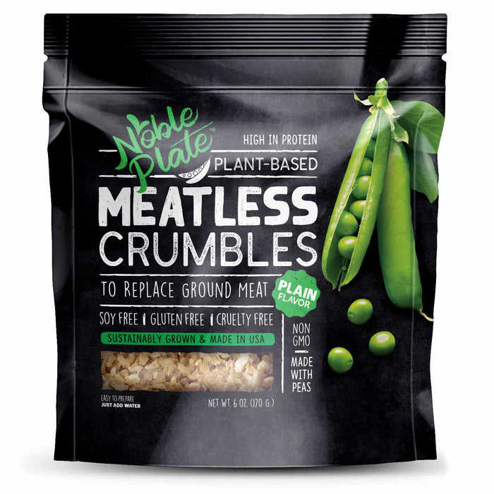 Noble Plate Pea Protein Meatless Crumbles: front of Meatless Crumbles pouch.