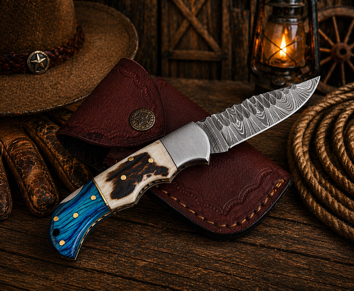 Engraved Damascus Pocket Knife, Stag Horn & Blue Pakka Wood