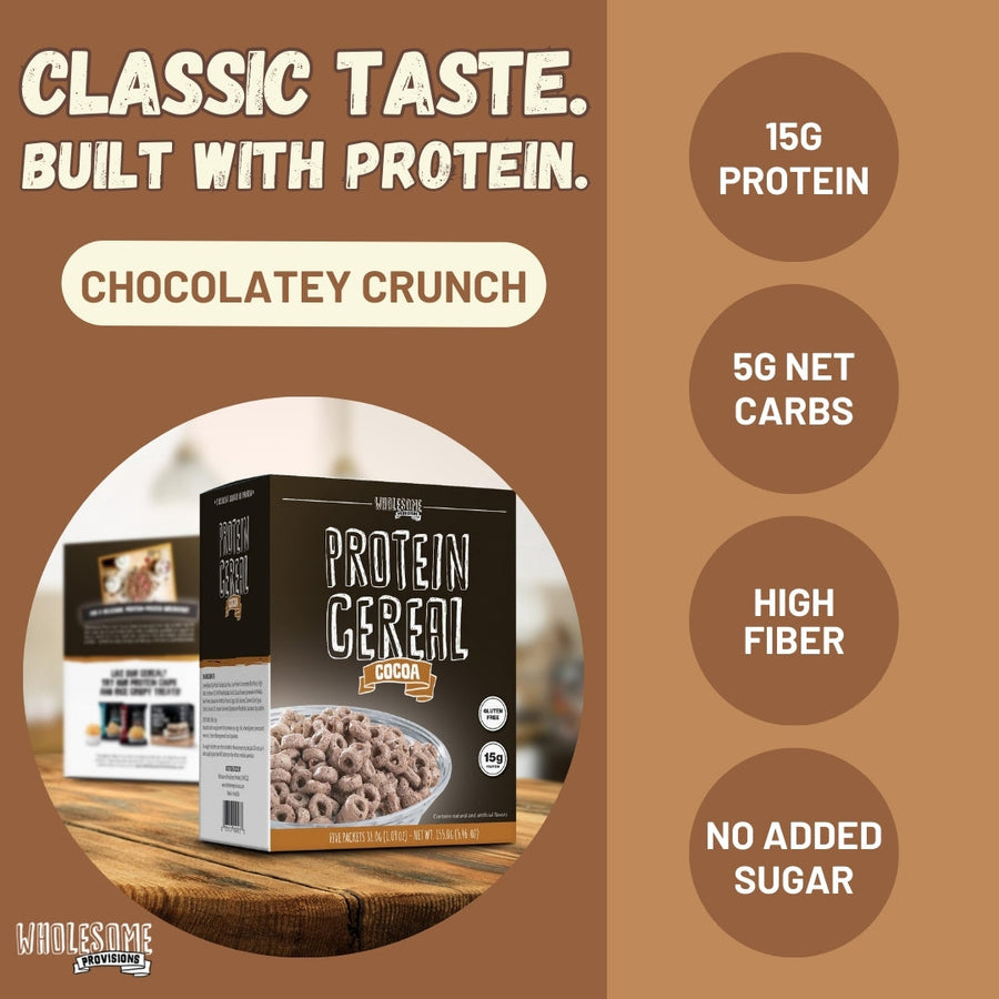 Cocoa Protein Cereal: feature graphic with cereal box.